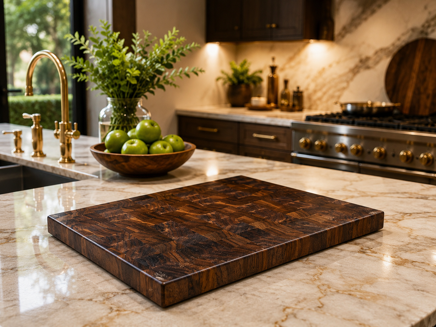 Handcrafted Bluwood end-grain cutting board in a luxury kitchen