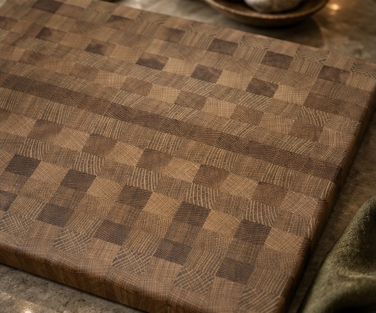 Close view of Bluwood white oak and dark walnut end-grain construction