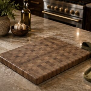 Bluwood white oak and dark walnut end-grain cutting board in a luxury kitchen