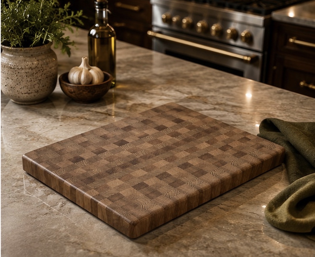 Bluwood contrasting hardwood end-grain cutting board in a refined kitchen