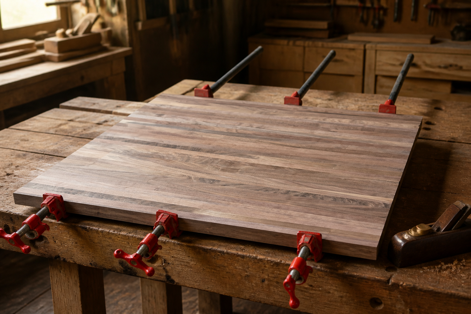 American walnut cutting-board components being assembled by hand in the Bluwood workshop