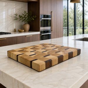 Bluwood white oak and dark walnut end-grain cutting board in a contemporary luxury kitchen