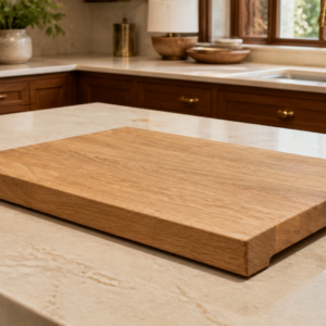 Bluwood solid white oak cutting board, 24 by 18 by 1.75 inches, in a luxury kitchen