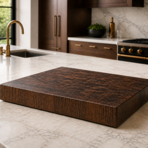 Bluwood Flagship American dark walnut end-grain cutting board shown at a large angle on a luxury kitchen island