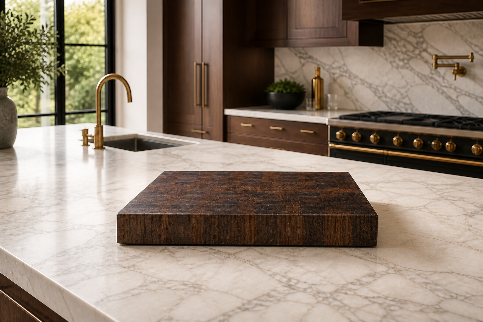 Bluwood American dark walnut end-grain cutting board centered on a luxury kitchen island