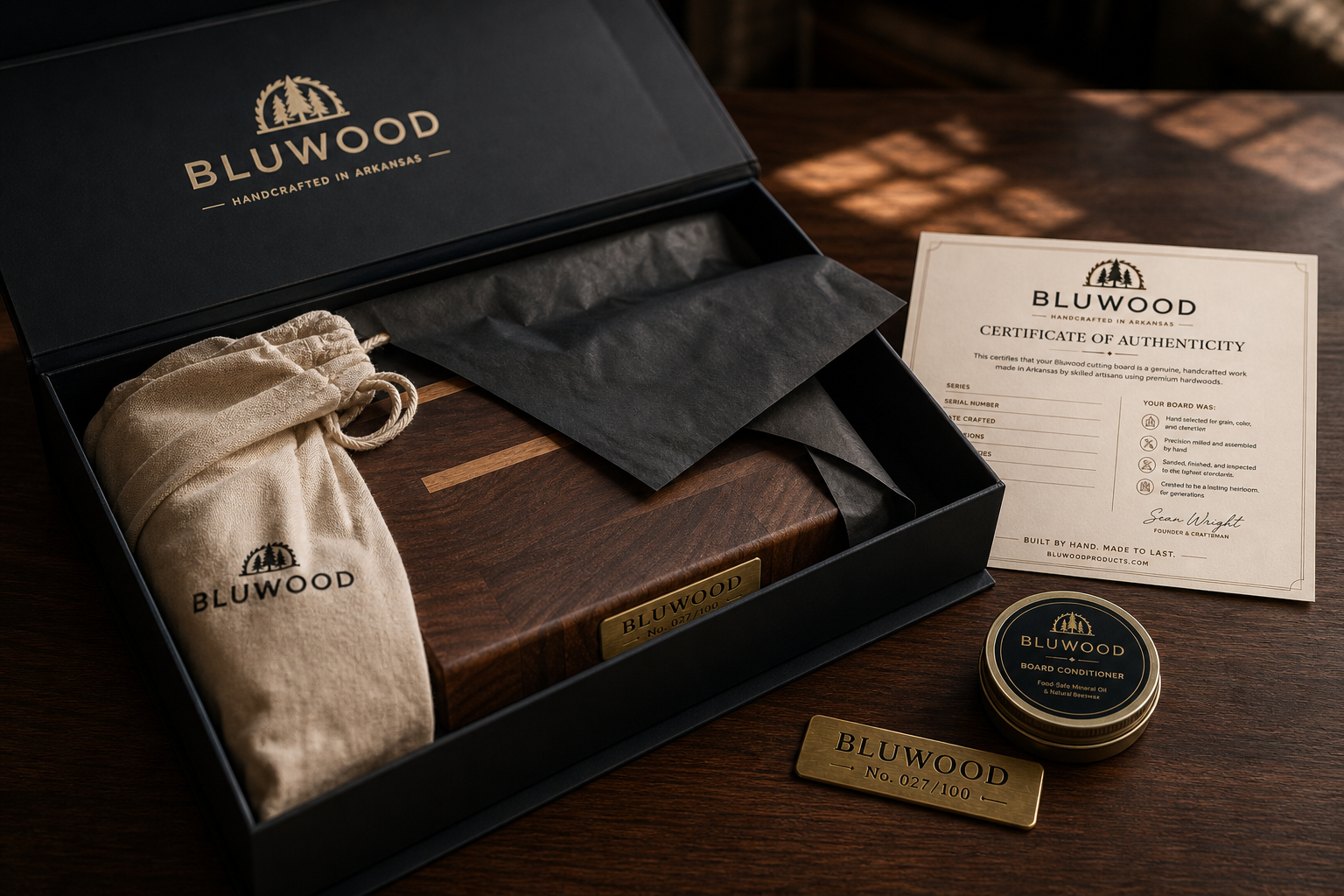 Bluwood premium cutting board presentation with branded packaging, certificate of authenticity, and board conditioner